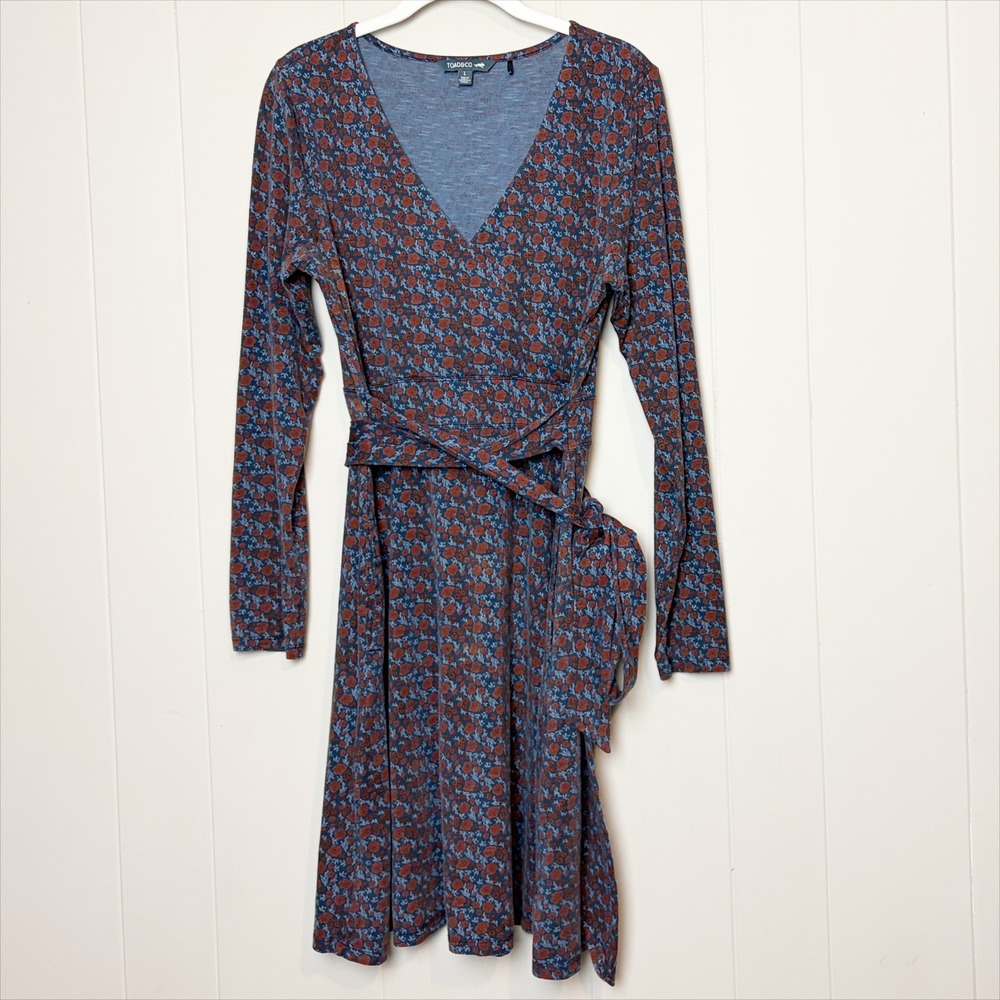 Toad&Co Long Sleeve Cue Wrap Dress Large Floral Blue Rust Comfy Side Pockets - Picture 2 of 8